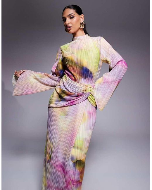 ASOS Gray Plisse Drape Long Sleeve Maxi Dress