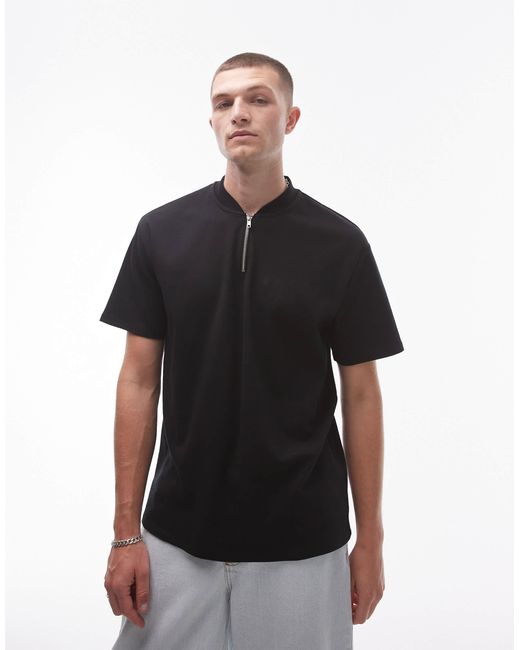 Topman Black Oversized Fit Polo With Zip Detail for men