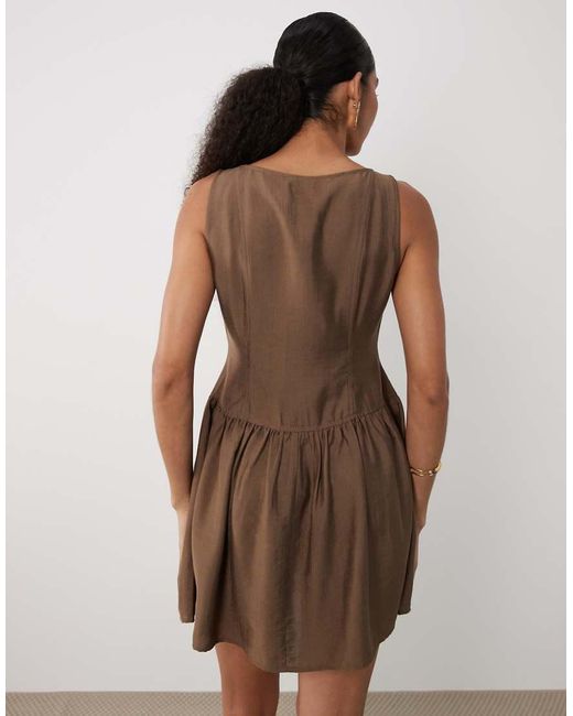 Brave Soul Brown Slash Neck Button Down Dropped Waist Mini Dress