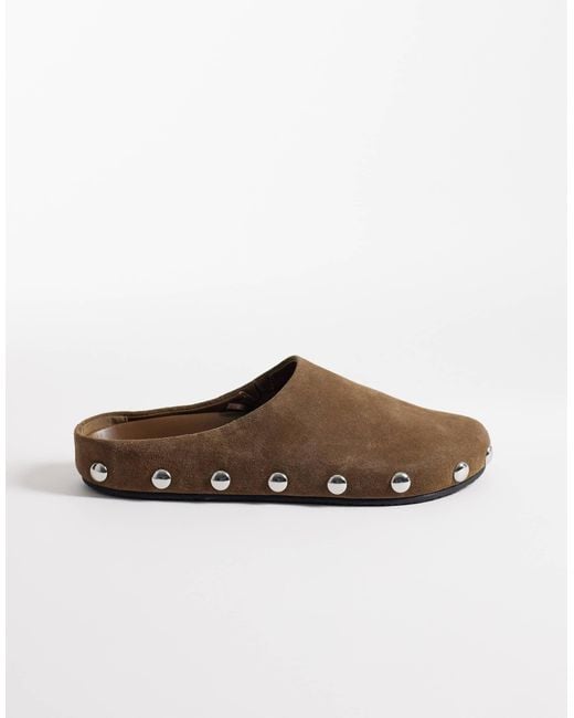 Mango Brown Leather Clogs With Silver Stud Detail