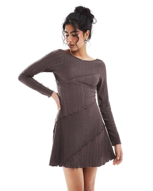 Miss Selfridge Purple Mixed Texture Long Sleeve Scoop Back Dress