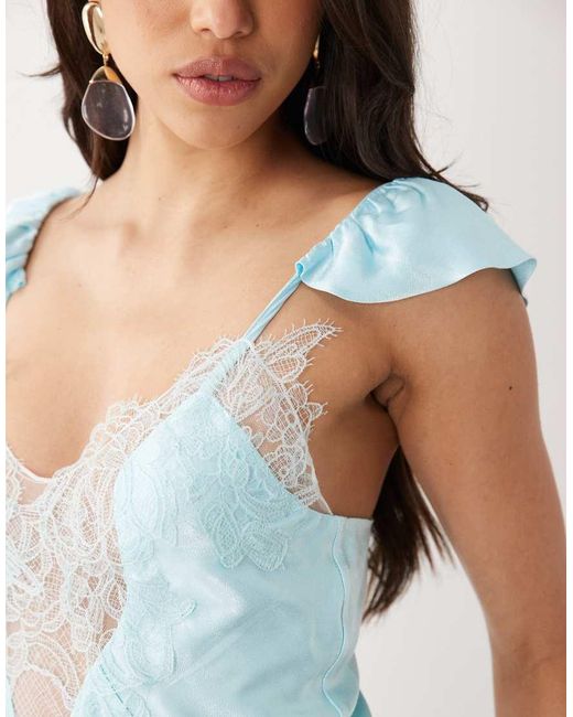 Bardot Blue Ivy Plunge Lace Detail Satin Maxi Dress