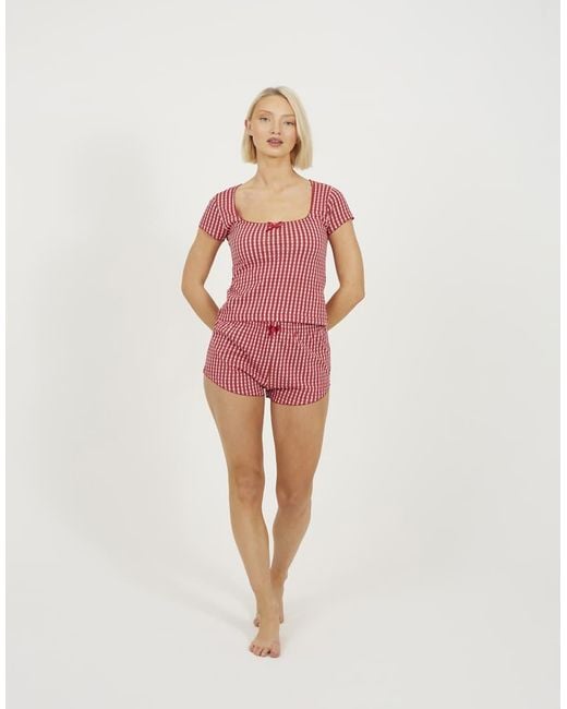 Brave Soul Red Bow Detail Cropped Top And Short Pyjama Set