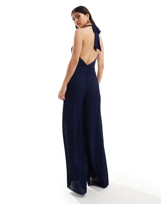 TFNC London Blue Bridesmaid Chiffon Halter Neck Pleated Jumpsuit