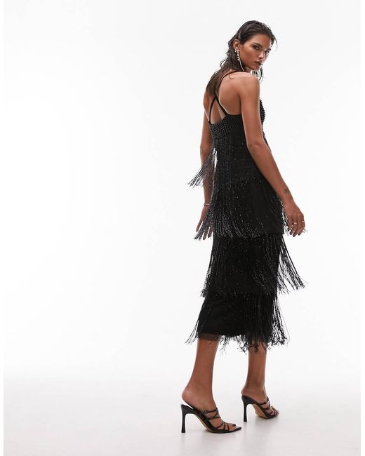 TOPSHOP Black Premium Strappy Embellished Fringe And Beaded Mix Midi Dress