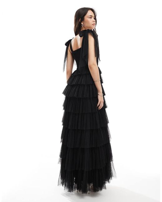 LACE & BEADS Black Tulle Tiered Bow Shoulder Detail Maxi Dress