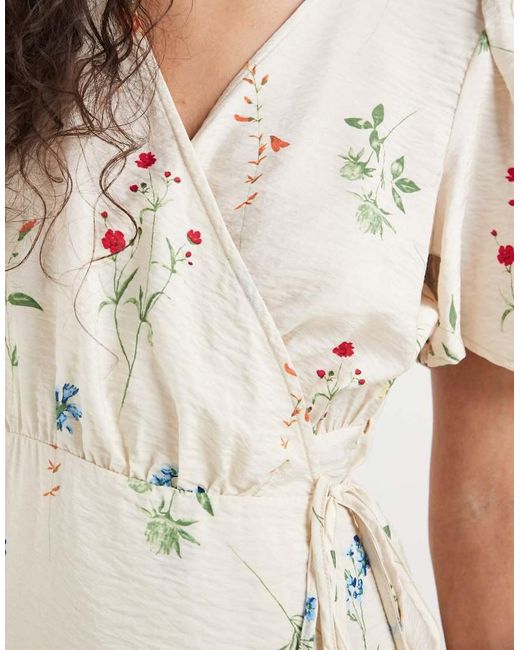 Vero Moda Natural Flutter Sleeve Wrap Front Mini Dress