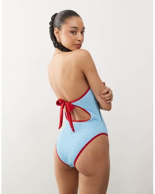 Reclaimed Vintage Blue Bandeau Swimsuit With Shirring