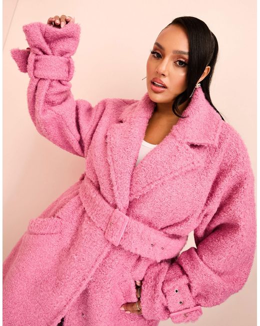 ASOS Pink Curve Borg Long Line Trench Coat With Belted Waist