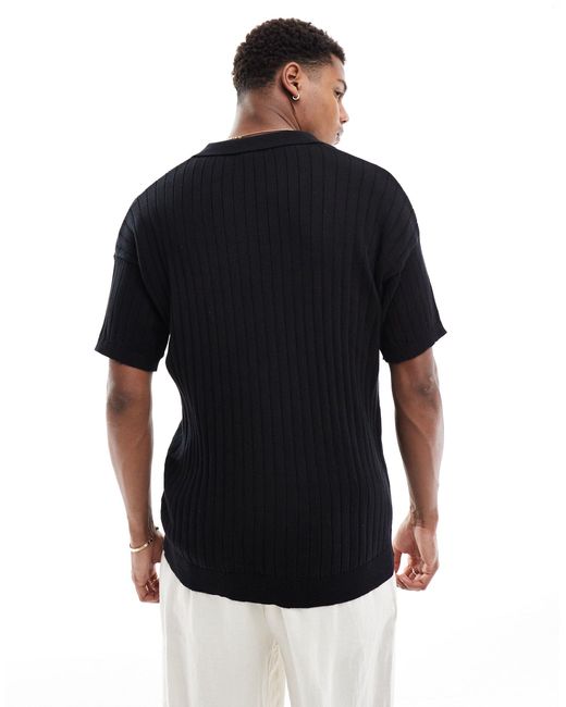 New Look Black Short Sleeve Ribbed Revere Knit for men