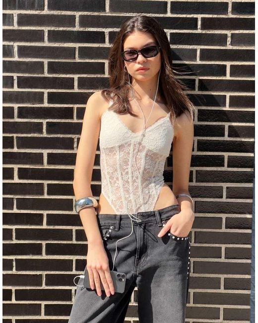 Bershka Black Strappy Bodysuit With Blonde Lace Trim