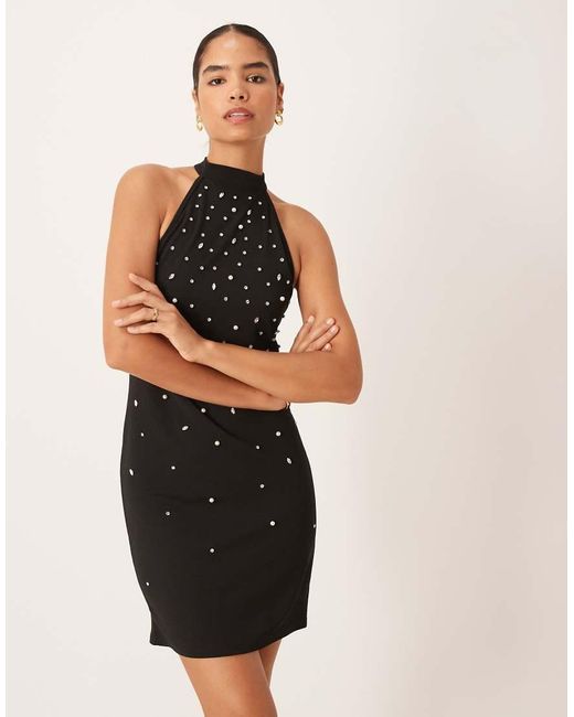 Vila Black Halter Neck Embellished Mini Dress