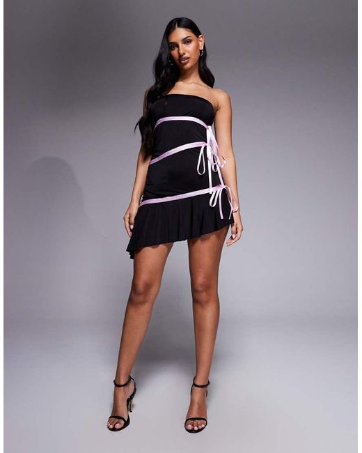 I.AM.GIA Gray Arly Slinky Bandeau Contrast Satin Ribbon Trim Asymmetric Hem Mini Dress