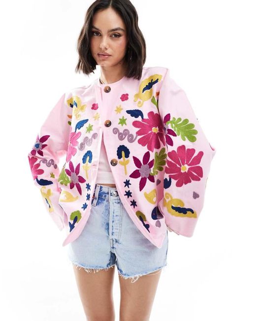 ASOS Pink Embroidered Collarless Washed Jacket