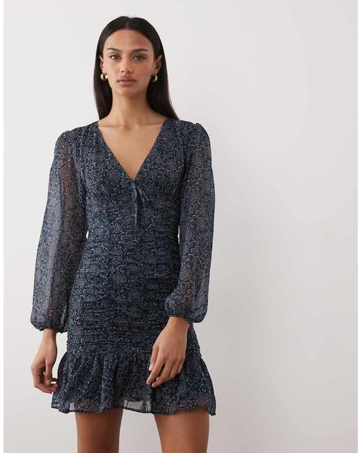 Mango Blue Teen Long Sleeve Mini Dress With Ruched Detail