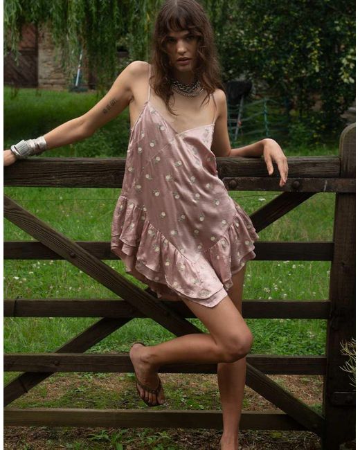Muse Assembly Pink Boho Crushed Satin Asymmetric Ruffle Mini Dress With Floral Embroidery
