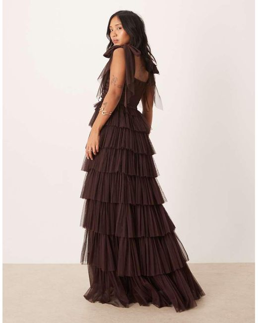 LACE & BEADS Brown Bow Shoulder Tiered Tulle Maxi Dress