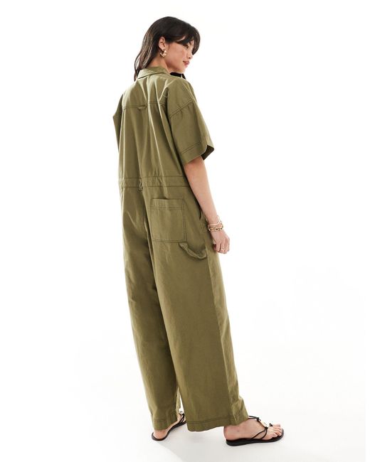 ASOS Green Linen Look Boilersuit With Contrast Stitch