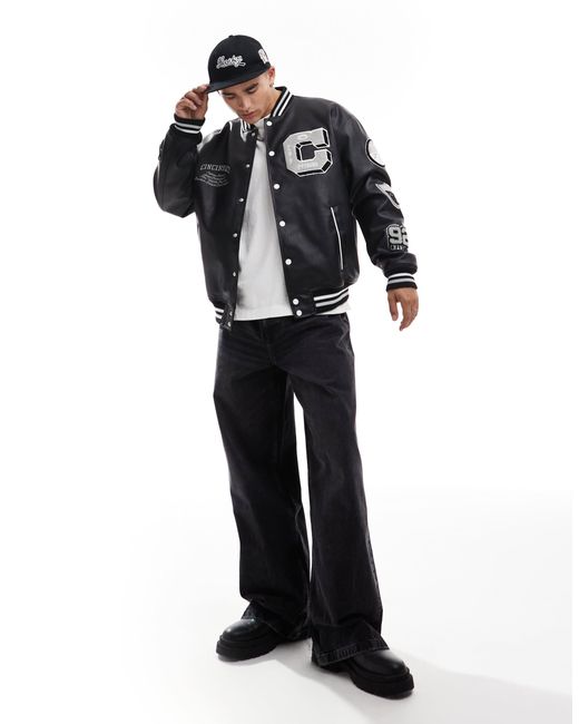 【BLACK】Faux leather varsity jkt bershka-Black-Faux-Leather-