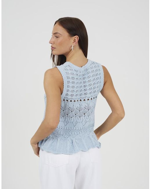Brave Soul Blue Pointelle Knit Waistcoat With Frill Hem
