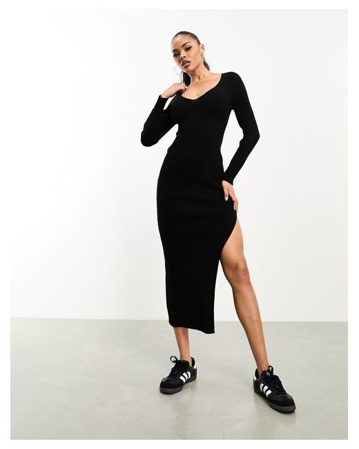 Fashionkilla Black Knitted V Neck Side Split Midi Dress