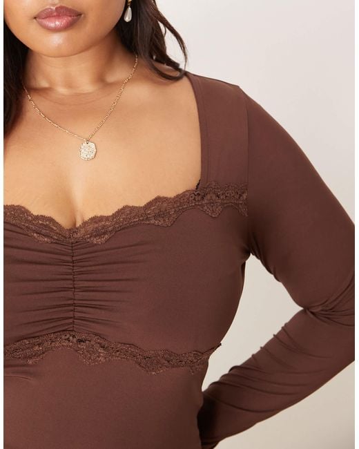 ASOS Brown Asos Design Curve Slinky Square Neck Ruched Front Long Sleeve Top With Lace