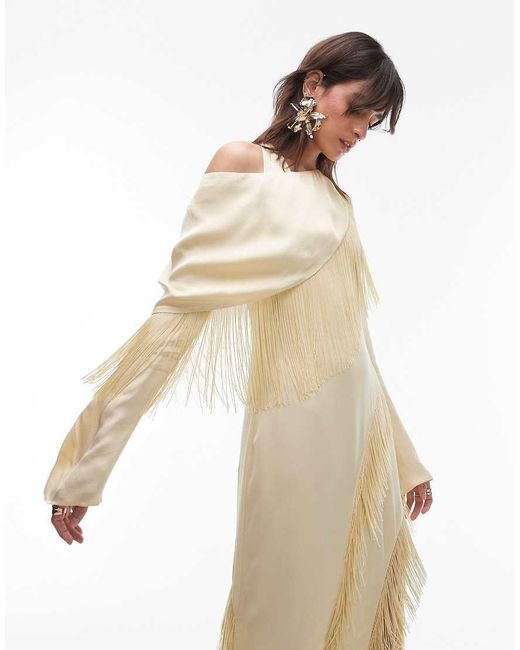 & Other Stories Natural Fringed Maxi Dress With Drape Detail And Thigh Split