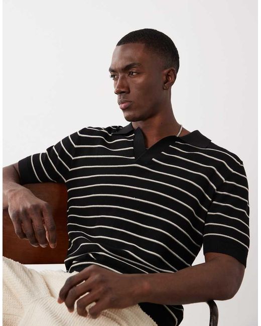 Mango Black Knitted Striped Poloshirt for men