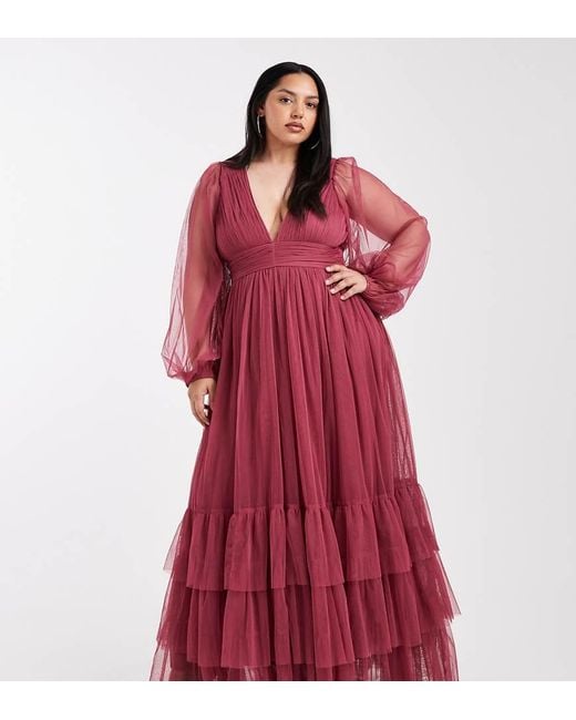 Lace & Beads Plus Bridesmaid Madison Long Sleeve Maxi Dress in Red | Lyst UK