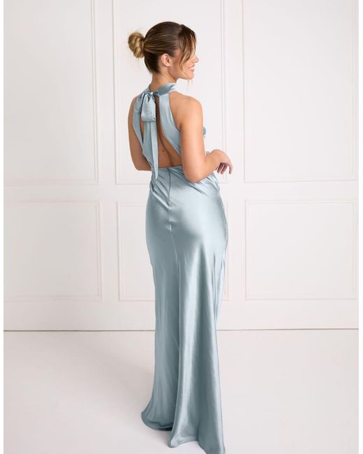 Six Stories Blue Bridesmaid Satin Halterneck Maxi Dress