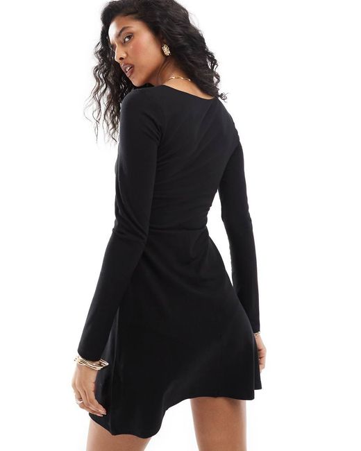 Miss Selfridge Black Long Sleeve Square Neck Fit And Flare Mini Dress