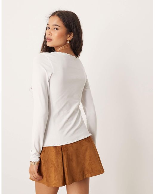 JJXX White Lettuce Hem Long Sleeve Top