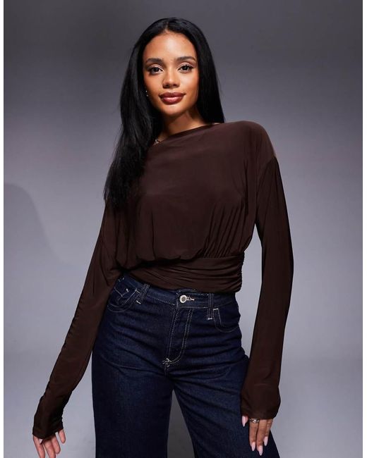 ASOS Purple Slinky Off Shoulder Long Sleeve Top With Cinch Waist Detail