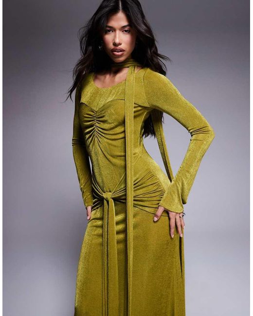 DASKA Green Ruched Maxi Dress With Waist And Neck Tie Detail