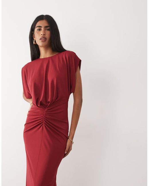 ASOS Red Structu Shoulder Ruched Front Midi Dress