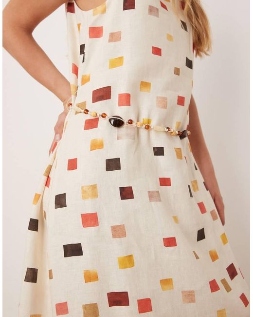 Vrg Grl Natural Elma Tile Print Belted Linen Midi Dress