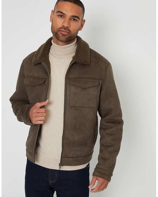 Threadbare Brown Faux Suede Borg Lined Aviator Jacket for men