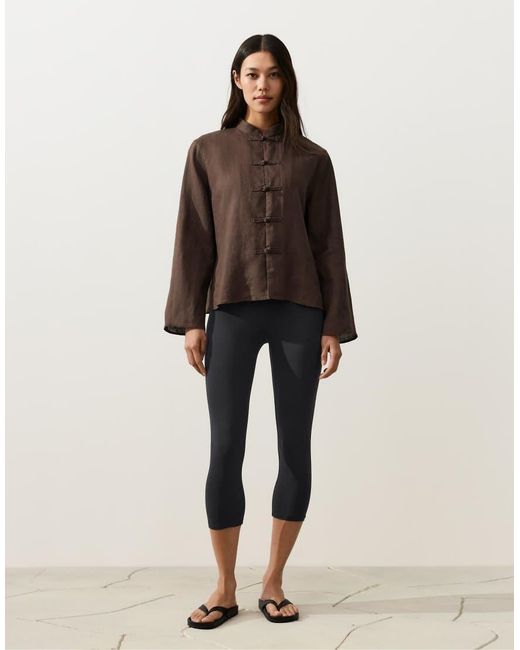 Oysho Brown 100% Linen Stand-Up Collar Jacket With Buttons
