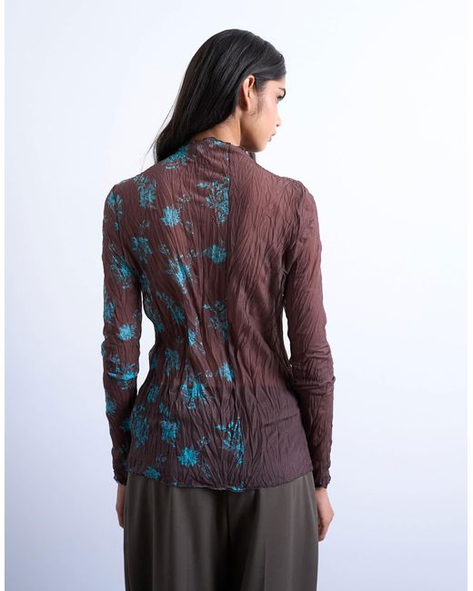 TOPSHOP Purple Spliced Crinkle Mesh Long Sleeve Top