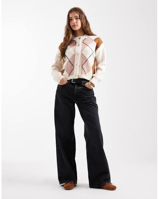 New Look Natural Argyle Crew Neck Cardigan