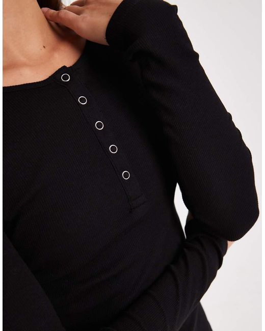 Brave Soul Black Long Sleeve Ribbed Jersey Mini Dress With Button Detail