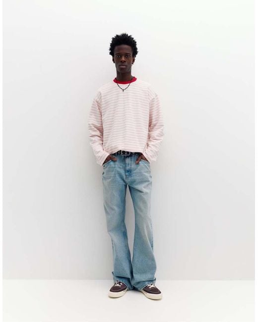 Pull&Bear White Long-sleeve Striped T-shirt for men