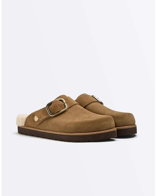Oysho Brown Buckled Split-leather Faux Shearling Clogs