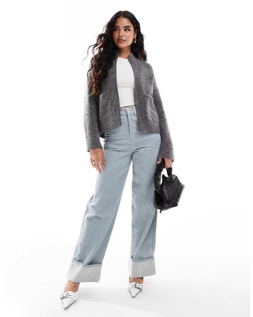 SELECTED Gray Zip Thru Alpaca Blend Fluffy Cardigan With Pockets