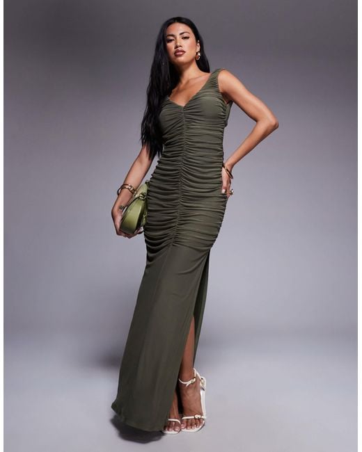 ASOS Gray Plunge With Ruching And Open Back With Gold Butterfly Trim Mesh Maxi Dress