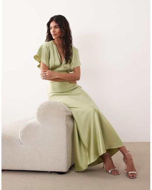 gina tricot flowy dress Gina Tricot Batwing Plunge Satin Maxi Dress in Green