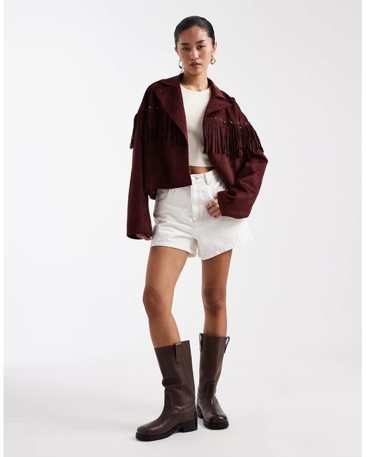 Miss Selfridge Brown Faux Suede Crop Fringe Stud Jacket