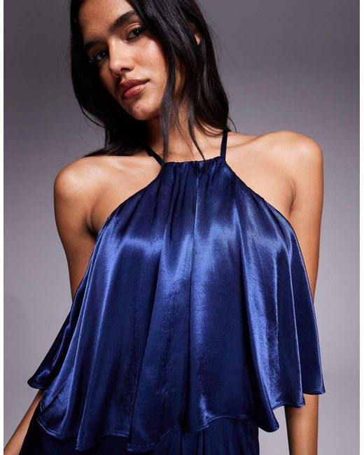 Goddiva Blue Satin Viscose Front Wrap Midaxi Dress