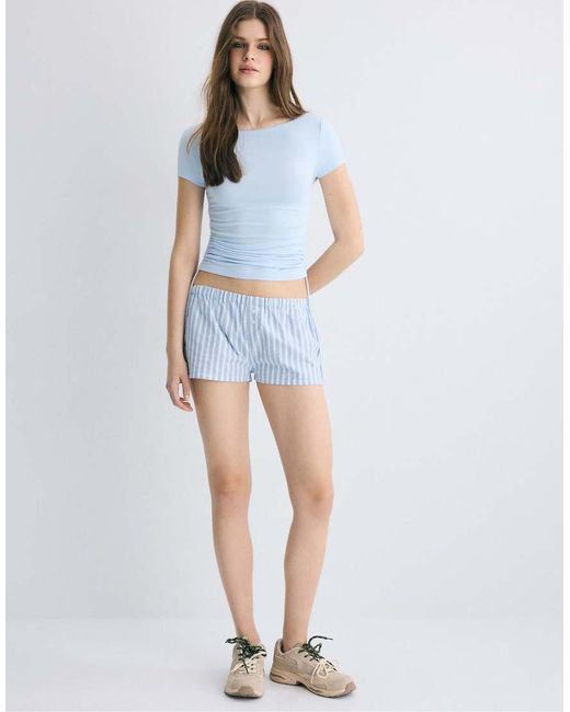 Stradivarius White Striped Button-Detail Shorts