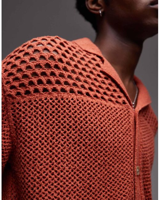 Topman Red Open Knit Pattern Polo for men